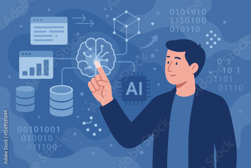 Artificial Intelligence and Big Data Concept with Man Interacting with Virtual Brain, LLM, Data Mining, Generative AI, Natural Language Processing, Data Transfer, Technology