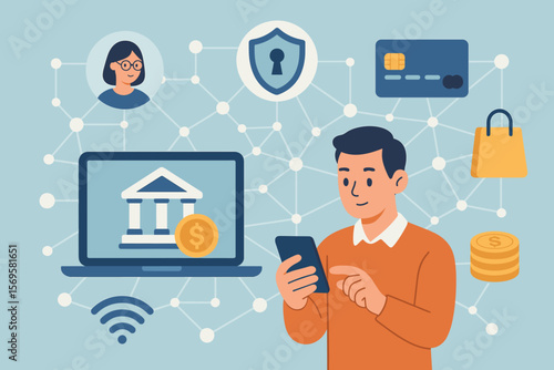 Online banking technology, secure digital finance network, mobile payment, cybersecurity, customer connection, wireless money transfer, credit card, e-commerce, fintech illustration