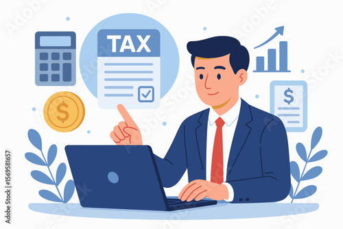 Online tax payment and calculation concept. Businessman using laptop for income tax return, personal finance management, accounting, digital tax form, analytics, money, calculator