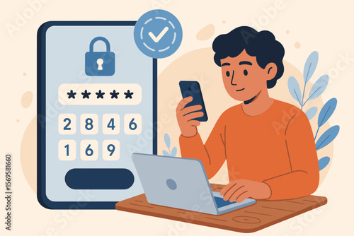 Two Factor Authentication Secure Login Concept. Man Using Smartphone and Laptop for Password Verification Code Entry. Cybersecurity, Data Protection, Online Account Access Illustration