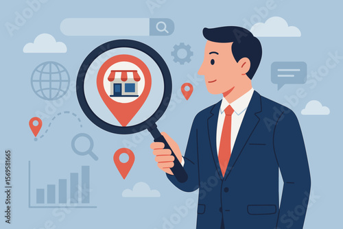 Local business search optimization, e-commerce marketplace, local SEO strategy, retail store location, businessman analyzing small business growth, map pin, magnifying glass