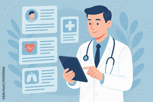Digital healthcare concept doctor using tablet to access patient medical records, virtual health data, telemedicine consultation, electronic health information, flat vector illustration