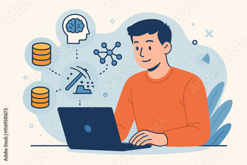 Artificial Intelligence Data Scientist Working on Laptop. Large Language Model, Big Data, Neural Network, Data Mining, Machine Learning, Generative AI, Natural Language Processing