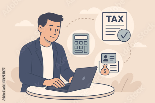 Online tax payment and calculation concept. Businessman using laptop for income tax return, personal finance management, digital tax form, calculator, money icon, virtual screen