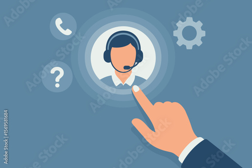 Customer support service concept. Hand touching virtual call center icon. Technical assistance, help desk, hotline communication, operator headset, question mark. Flat vector illustration.