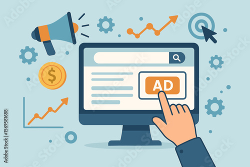 Pay Per Click PPC Advertising Concept, Digital Marketing Strategy, Search Engine Promotion, Online Ad Campaign, Target Audience, Conversion Growth, Flat Vector Illustration