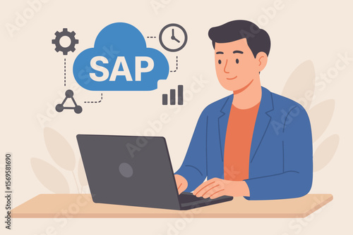 Businessman using laptop with SAP cloud icon, business process automation, enterprise resource planning, ERP software, management system, workflow optimization, digital transformation