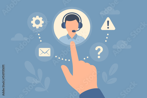 Customer support service concept. Hand touching virtual screen with call center operator icon. Technical support, online helpdesk, troubleshooting, assistance, communication vector.