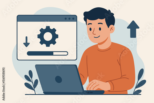 Software update and upgrade concept. Person using laptop with progress bar, gear icon, download and upload arrows. Modern flat vector illustration for technology, IT, maintenance, system optimization.