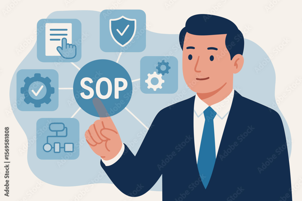 Standard Operating Procedure SOP Business Process Concept. Businessman Touching Virtual Interface Icons for Instruction, Quality Control, Workflow, Compliance, Management System Standard Operating Procedure SOP Business Process Concept. Businessman Touching Virtual Interface Icons for Instruction, Quality Control, Workflow, Compliance, Management System