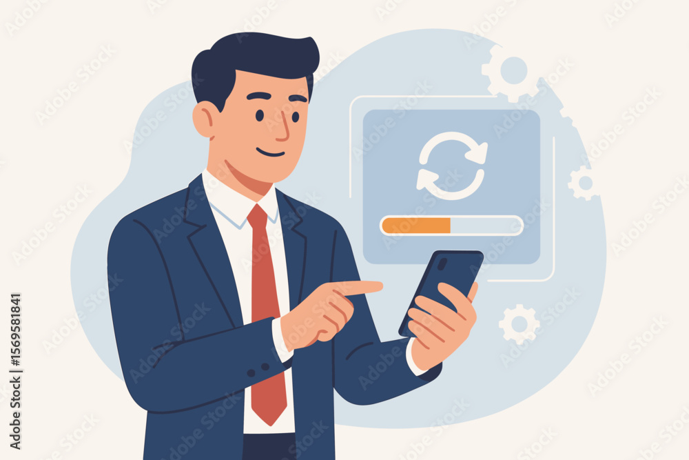 Businessman Using Smartphone for Software Update, Operating System Upgrade, Device Maintenance, Technology Progress, Digital Transformation, System Optimization, Productivity Enhancement Businessman Using Smartphone for Software Update, Operating System Upgrade, Device Maintenance, Technology Progress, Digital Transformation, System Optimization, Productivity Enhancement