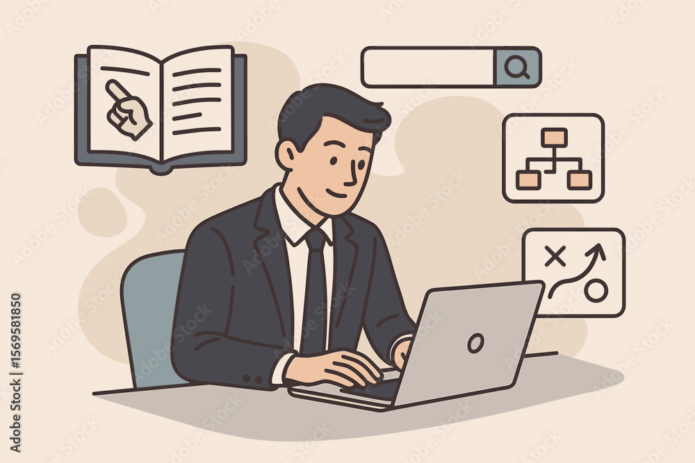 Businessman Searching Online User Manual Guide, Instruction Manual, Strategy Advice, Workflow Planning, Learning, Digital Business Support, Flat Vector Illustration Businessman Searching Online User Manual Guide, Instruction Manual, Strategy Advice, Workflow Planning, Learning, Digital Business Support, Flat Vector Illustration