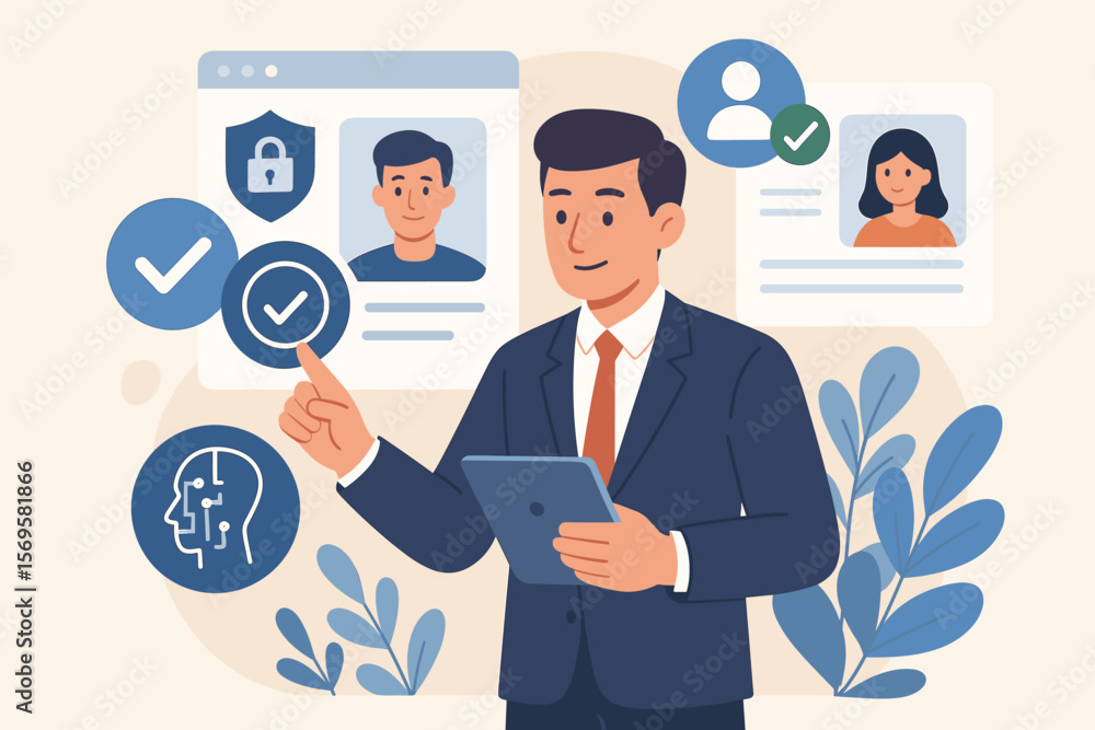KYC concept, know your customer. Businessman uses tablet for digital identity verification. Secure authentication process for online profile approval and client onboarding. KYC concept, know your customer. Businessman uses tablet for digital identity verification. Secure authentication process for online profile approval and client onboarding.