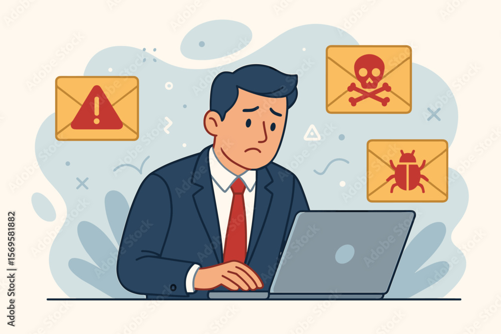 Cybersecurity concept with worried man using laptop. Phishing email attack, spam alert, malware and virus threat. Internet fraud, data protection, and hacking risk vector. Cybersecurity concept with worried man using laptop. Phishing email attack, spam alert, malware and virus threat. Internet fraud, data protection, and hacking risk vector.
