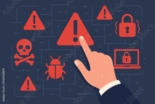 Cybersecurity threat alert concept. Hand touching virtual warning icons. System hack, malware attack, virus, data breach, ransomware, phishing, danger, security risk illustration