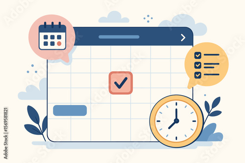 Time management calendar interface with appointment reminders, meeting agendas, clock, checklist, scheduling, planning, productivity, modern flat vector cartoon illustration