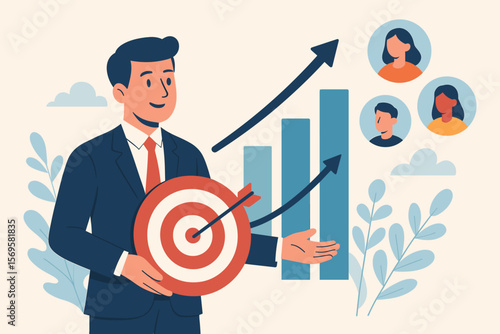 Businessman Holding Target Icon for Strategic Planning, Business Growth, Success, Marketing Objectives, Customer Targeting, Sales Increase, Leadership, Teamwork Concept Illustration
