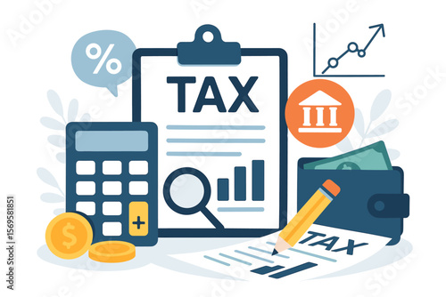 Tax and VAT payment concept, government state taxes, financial report, tax return calculation, accounting, budget planning, money management, modern flat vector
