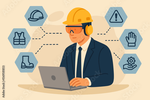 Workplace safety management concept. Businessman in suit and hard hat using laptop. PPE icons, safety equipment, risk prevention, compliance, zero accidents, occupational health.