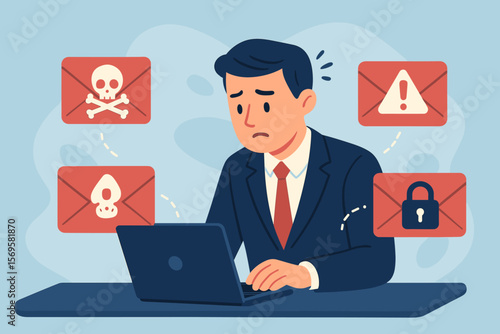 Worried businessman at laptop receiving phishing email. Spam message alert with virus, malware scam. Cybersecurity threat, data breach, and internet security concept vector.