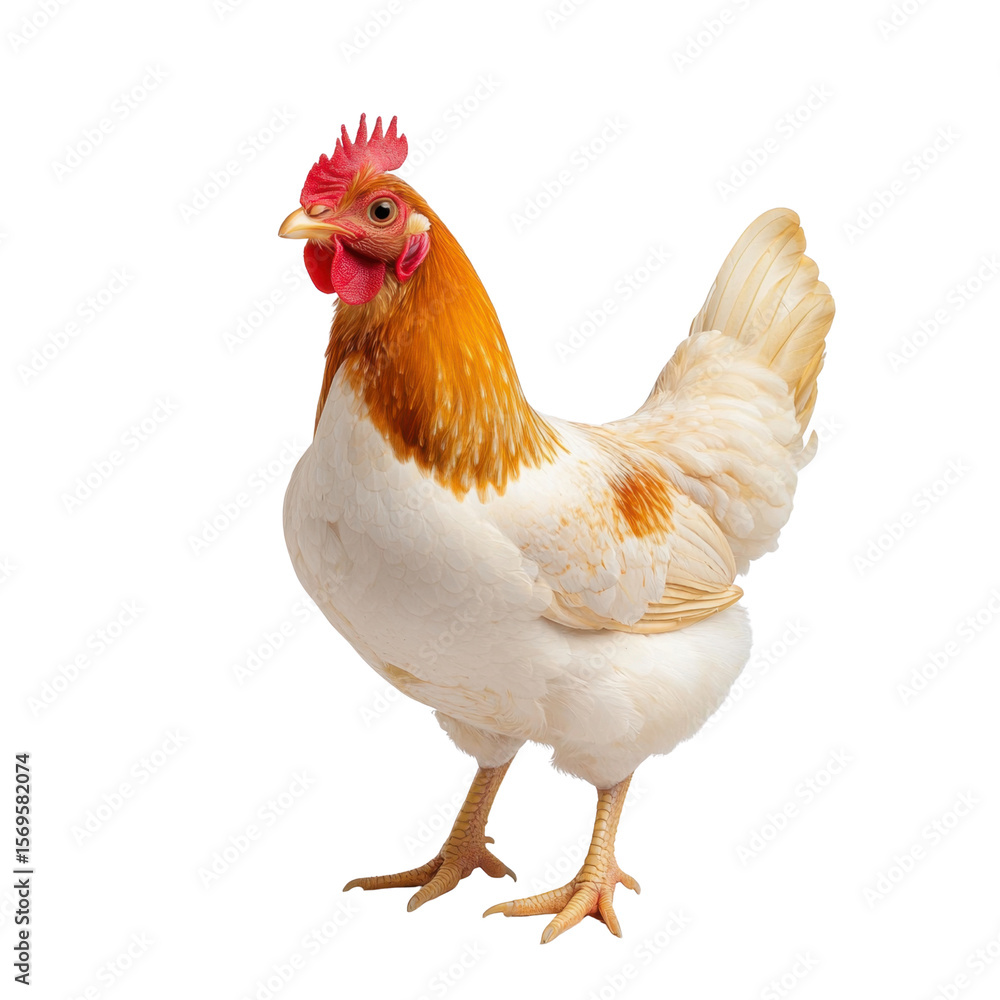 Fototapeta premium Vibrant and Healthy Chicken Standing Proudly with Striking Feather Patterns on a Bright White Background transparent background