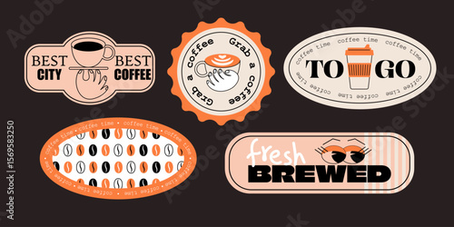 Design of coffee stickers and icons. Retro art for cafe, poster, stores. Concept characters and coffee mugs. Flat vector illustration.