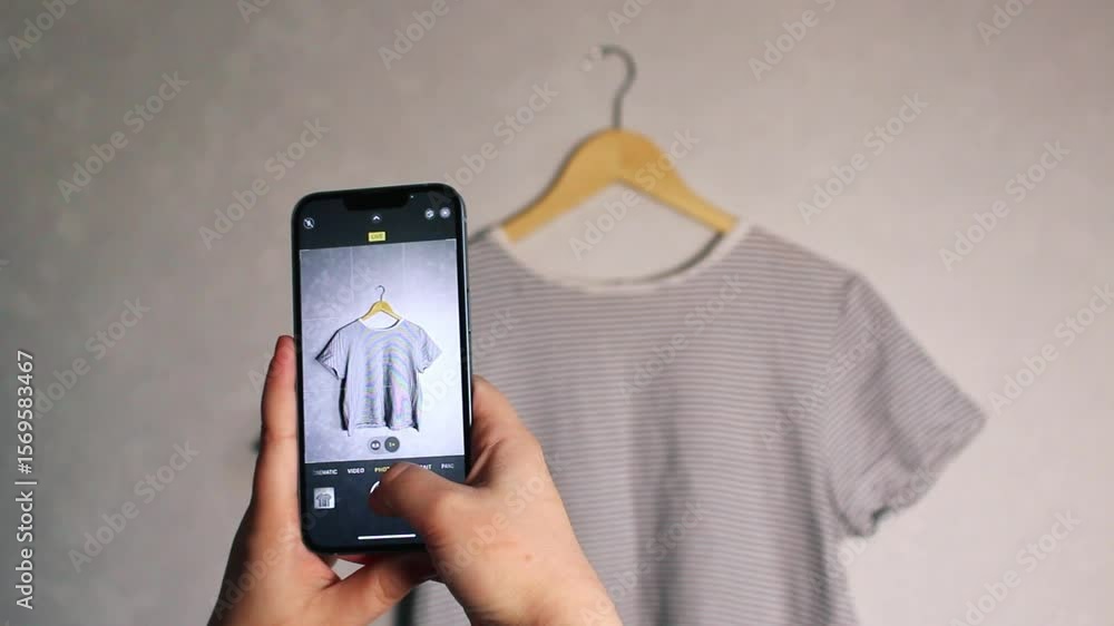 Girl takes pictures of her old wardrobe items to sell secondhand. Minimalist background. Focus on eco friendly consumer habits.