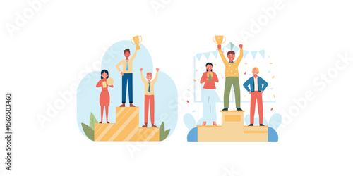 Print    Employees podium winner. Employee best working team rank first three places pedestal, champion with trophy cup jump win celebration