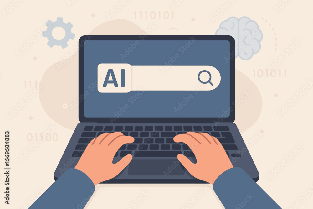 AI search concept with user typing on laptop. Artificial intelligence for information research, data analysis, machine learning. Digital technology, chatbot, smart search engine. AI search concept with user typing on laptop. Artificial intelligence for information research, data analysis, machine learning. Digital technology, chatbot, smart search engine.