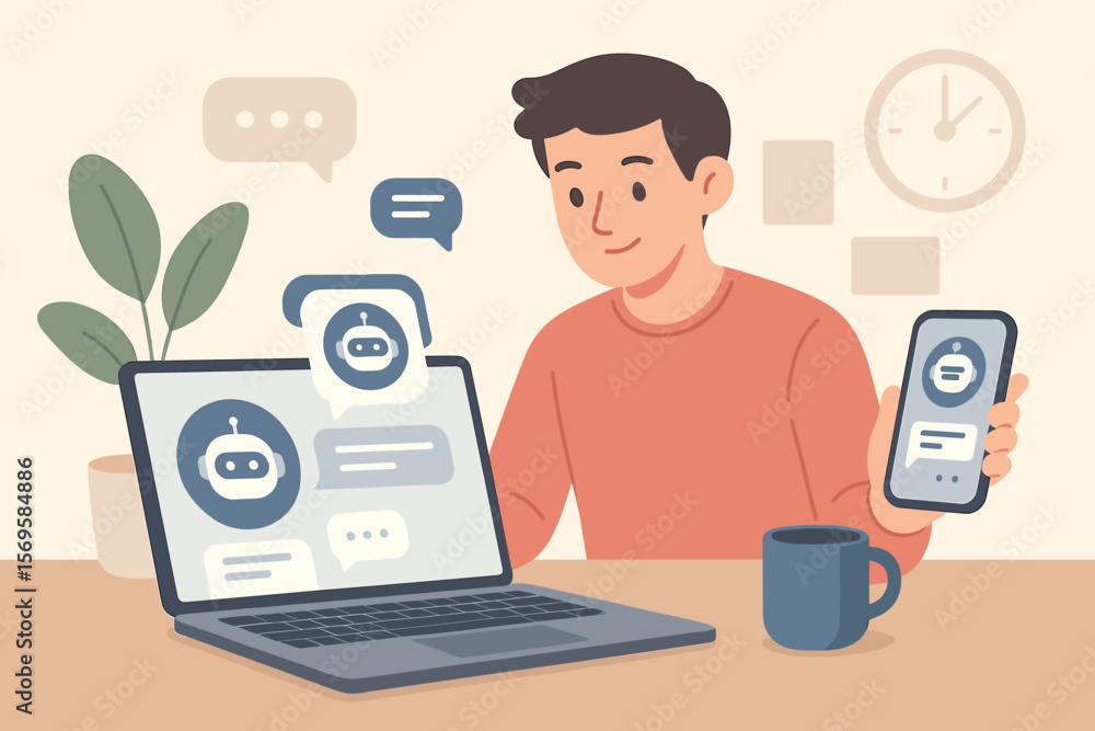AI assistant concept. Man using chatbot interface on smartphone and laptop for smart communication and personal assistance. Future technology and virtual support vector. AI assistant concept. Man using chatbot interface on smartphone and laptop for smart communication and personal assistance. Future technology and virtual support vector.