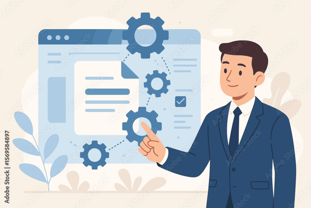 AI document management system concept with businessman touching virtual gear icons. Digital file interface for automation, paperless workflow, data processing, and organization. AI document management system concept with businessman touching virtual gear icons. Digital file interface for automation, paperless workflow, data processing, and organization.