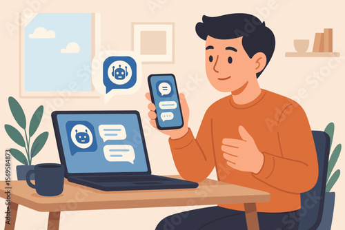 Man using AI chatbot assistant on smartphone and laptop for smart communication. Concept of future technology, virtual personal assistant, and customer service. Vector illustration.