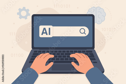 AI search concept with user typing on laptop. Artificial intelligence for information research, data analysis, machine learning. Digital technology, chatbot, smart search engine.