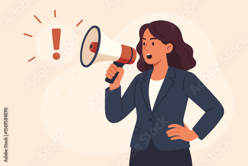 Attention announcement. Businesswoman with megaphone making an important message. Exclamation point icon. Public speaking, communication, broadcasting. Loud voice concept vector.