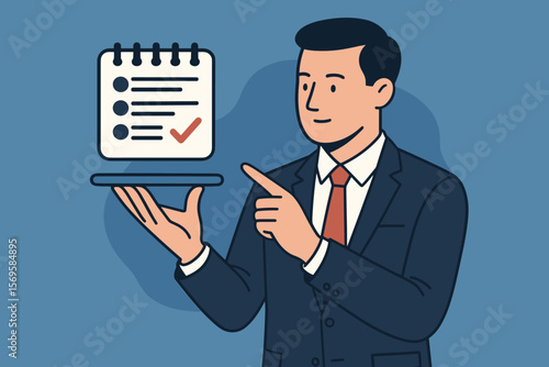 Businessman holding virtual agenda icon for meeting plan. Concept of task management, scheduling, and personal organizer. Corporate productivity and activity planning vector.