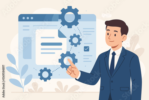 AI document management system concept with businessman touching virtual gear icons. Digital file interface for automation, paperless workflow, data processing, and organization.