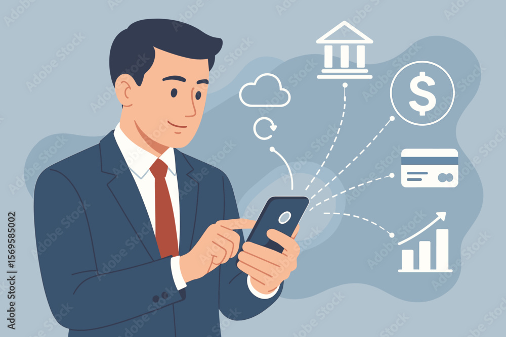 Businessman using a smartphone for mobile banking and online payment. Fintech concept with digital transactions, data analytics, and investment growth. Modern flat vector. Businessman using a smartphone for mobile banking and online payment. Fintech concept with digital transactions, data analytics, and investment growth. Modern flat vector.