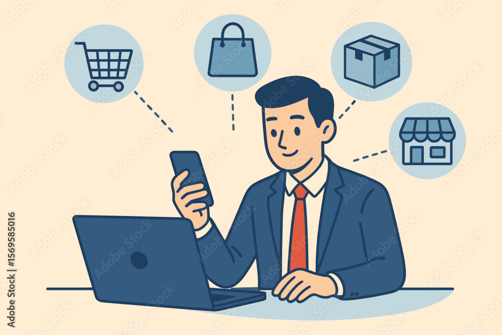 Businessman using smartphone for online shopping at desk with laptop. E-commerce concept. Man buying on internet. Mobile payment. Digital retail, consumerism, delivery icons. Businessman using smartphone for online shopping at desk with laptop. E-commerce concept. Man buying on internet. Mobile payment. Digital retail, consumerism, delivery icons.
