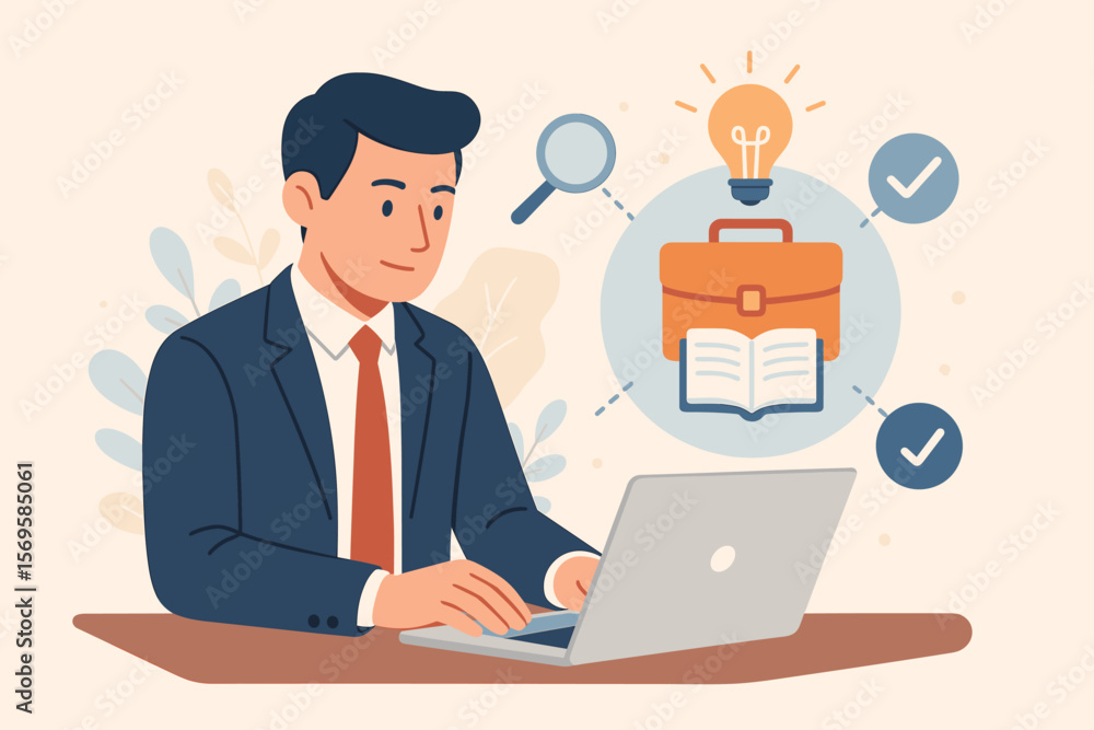 Case study education concept. Businessman working on laptop with virtual icons for analysis. Business research, strategy development, problem solving and finding a solution. Case study education concept. Businessman working on laptop with virtual icons for analysis. Business research, strategy development, problem solving and finding a solution.