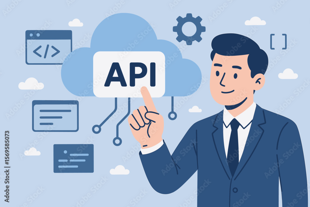 Cloud API, application programming interface concept vector. Software development tool for web service platform. Cloud computing technology, system integration. Businessman touching. Cloud API, application programming interface concept vector. Software development tool for web service platform. Cloud computing technology, system integration. Businessman touching.