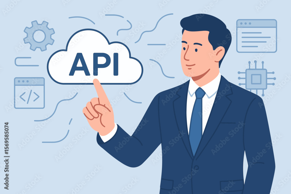 Cloud API, application programming interface concept. Software development and integration tool. Businessman interacts with cloud computing technology, web service and data exchange. Cloud API, application programming interface concept. Software development and integration tool. Businessman interacts with cloud computing technology, web service and data exchange.