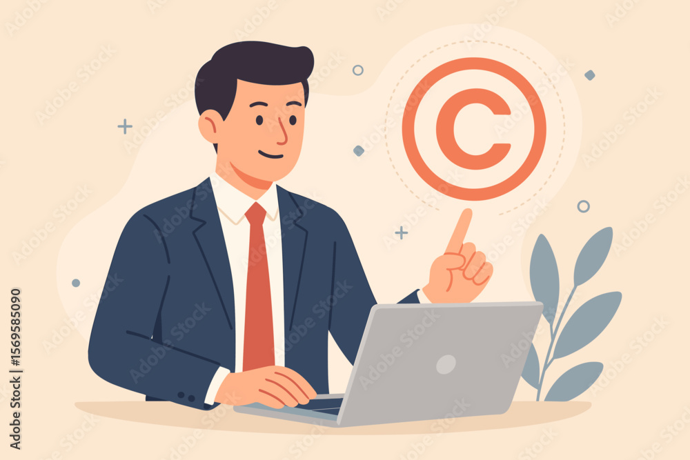 Copyright Protection Concept. Registration for Trademark. Register Trademark. Businessman Using Laptop with Copyright Icon on Virtual Screen. Modern Flat Design. Copyright Protection Concept. Registration for Trademark. Register Trademark. Businessman Using Laptop with Copyright Icon on Virtual Screen. Modern Flat Design.