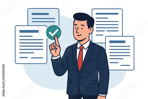 Businessman touching approved document icon for business project proposal. Digital confirmation, electronic signature, contract validation, compliance concept. Vector illustration.