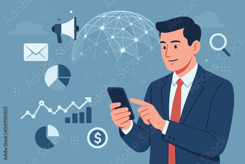 Businessman with smartphone analyzing data. Global business connection concept with digital marketing icons. Finance, banking, mobile tech, big data and investment strategy vector.
