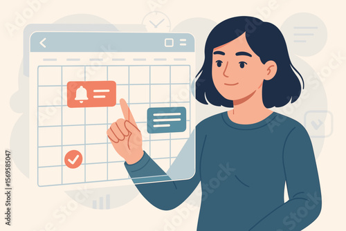 Woman planning schedule on a virtual screen calendar. Time management concept with appointment reminders and agenda organization. Business productivity vector illustration.