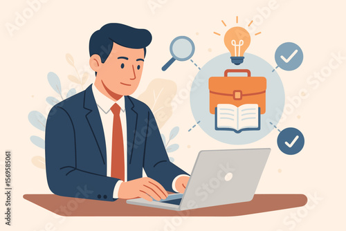 Case study education concept. Businessman working on laptop with virtual icons for analysis. Business research, strategy development, problem solving and finding a solution.
