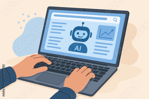 AI assistant on laptop screen. Concept of artificial intelligence, machine learning, chatbot technology. Person hands typing. Data analysis, virtual support, business automation.