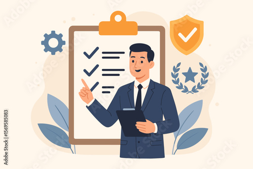 Compliance with regulations and standards concept. Businessman manager with checklist for quality control, audit, and verification. Policy review and governance vector illustration.
