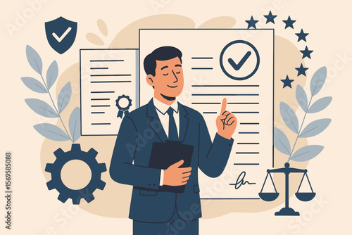 Regulatory compliance, standards and policy concept. Manager with legal document. Corporate governance, quality control and audit certificate. Modern flat vector cartoon illustration.