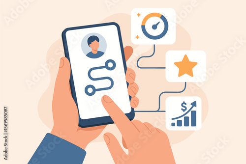 Customer journey map concept. User experience path on mobile phone screen. Marketing strategy for client satisfaction, loyalty, and business growth. Digital analysis of consumer behavior.